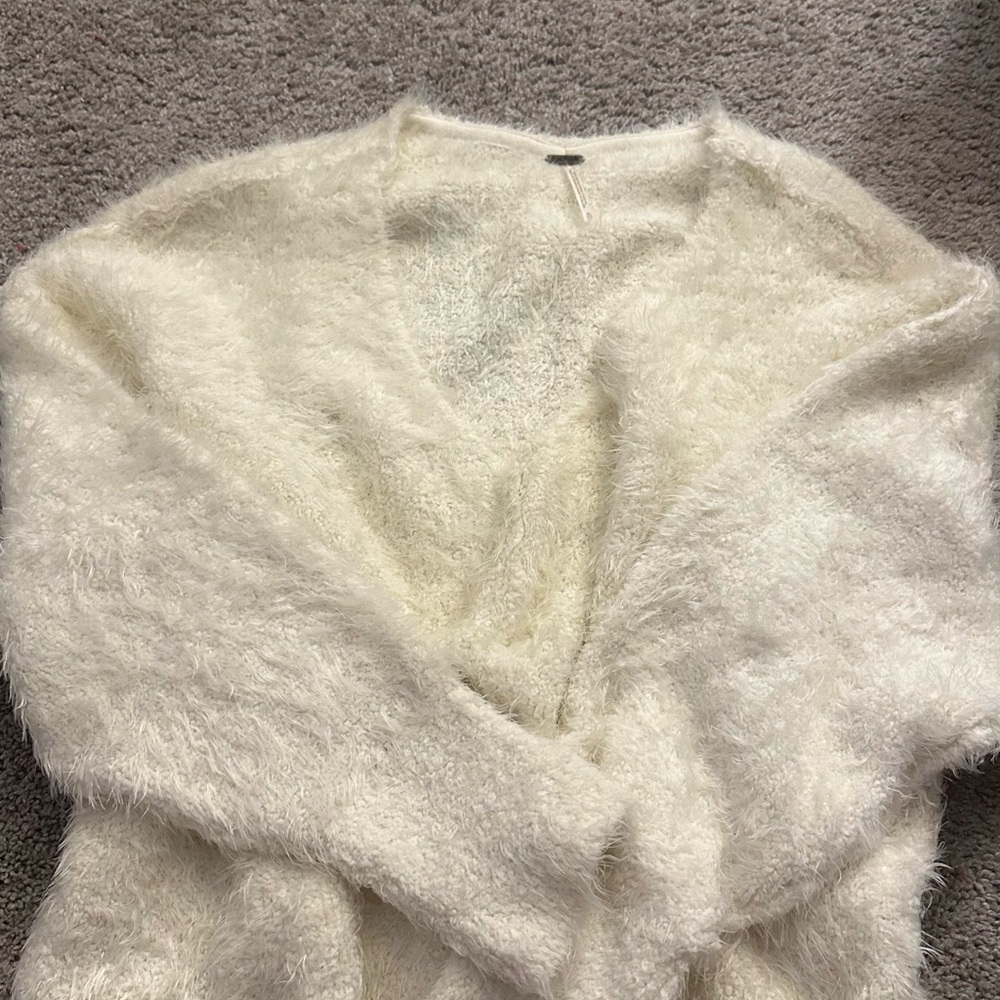 Free People Cream Fuzzy V-Neck Sweater